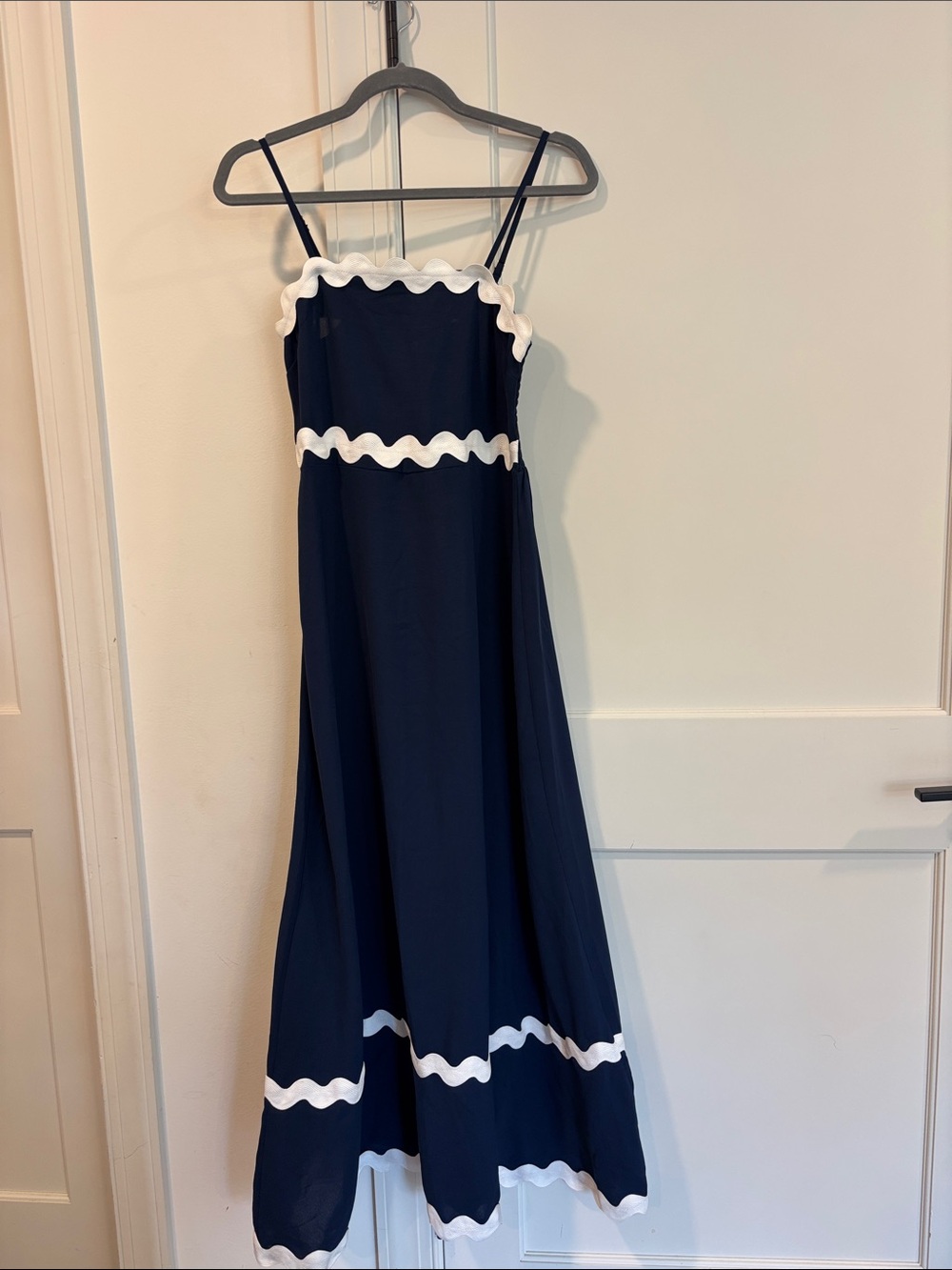 Navy Maxi Dress with White Scallop Ric Rac  Trim